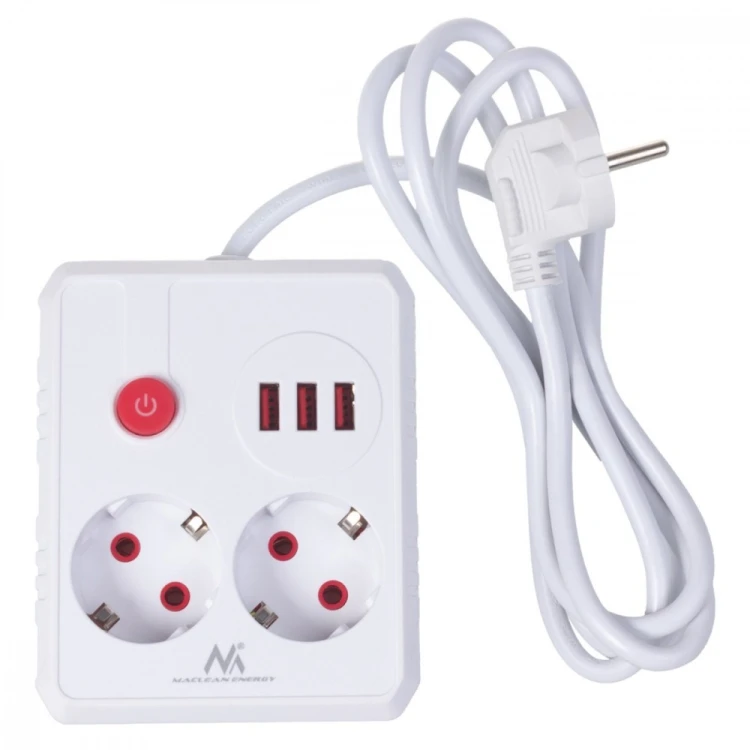 Maclean Listwa zasilająca 2 gniazda MCE387 W 3xUSB, 110-240V AC 50/60Hz, 2.1A max 2500W, 1.5m, biała