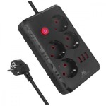 Maclean Listwa zasilająca MCE393 B 4 gniazda 3xUSB 110-240V AV 50/60Hz 1A max 2500W 3m czarna