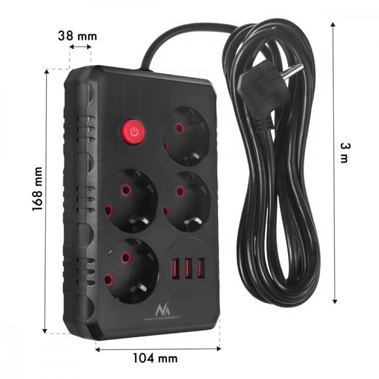 Maclean Listwa zasilająca MCE393 B 4 gniazda 3xUSB 110-240V AV 50/60Hz 1A max 2500W 3m czarna