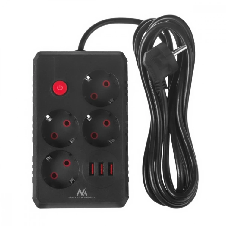 Maclean Listwa zasilająca MCE393 B 4 gniazda 3xUSB 110-240V AV 50/60Hz 1A max 2500W 3m czarna