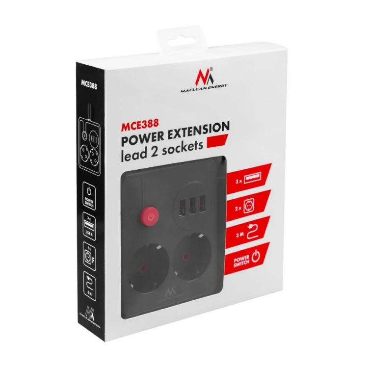 Maclean Listwa zasilająca MCE388 B 2 gniazda, 3xUSB, 110-240V AC 50/60Hz, 2.1A max 2500W, 3m czarna