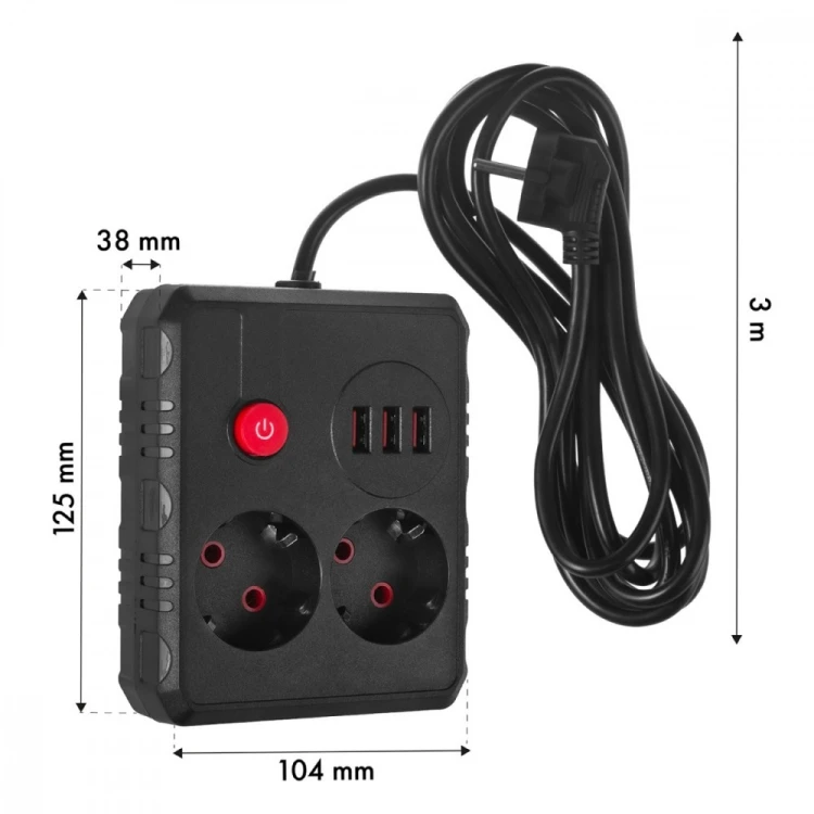 Maclean Listwa zasilająca MCE388 B 2 gniazda, 3xUSB, 110-240V AC 50/60Hz, 2.1A max 2500W, 3m czarna