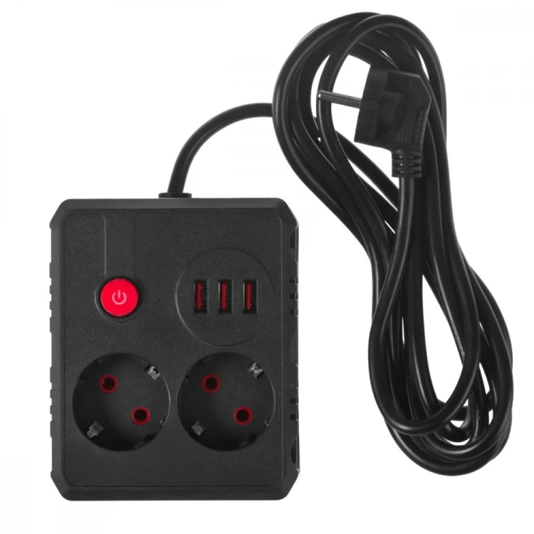 Maclean Listwa zasilająca MCE388 B 2 gniazda, 3xUSB, 110-240V AC 50/60Hz, 2.1A max 2500W, 3m czarna
