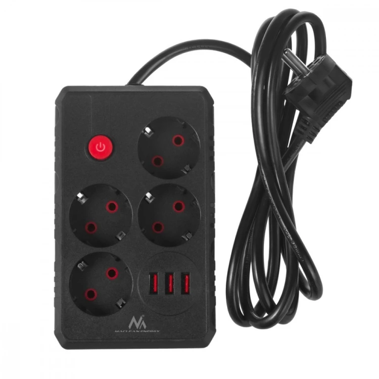 Maclean Listwa zasilająca MCE392 B, 4 gniazda 3xUSB, 110-240V AC 50/60Hz, 2.1A max 2500W, 1,5m czarna
