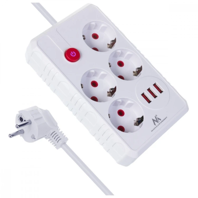 Maclean Listwa zasilająca MCE392 W 4 gniazda 3xUSB, 110-240V AC 50/60Hz, 2.1A max 2500W 1,5m biała