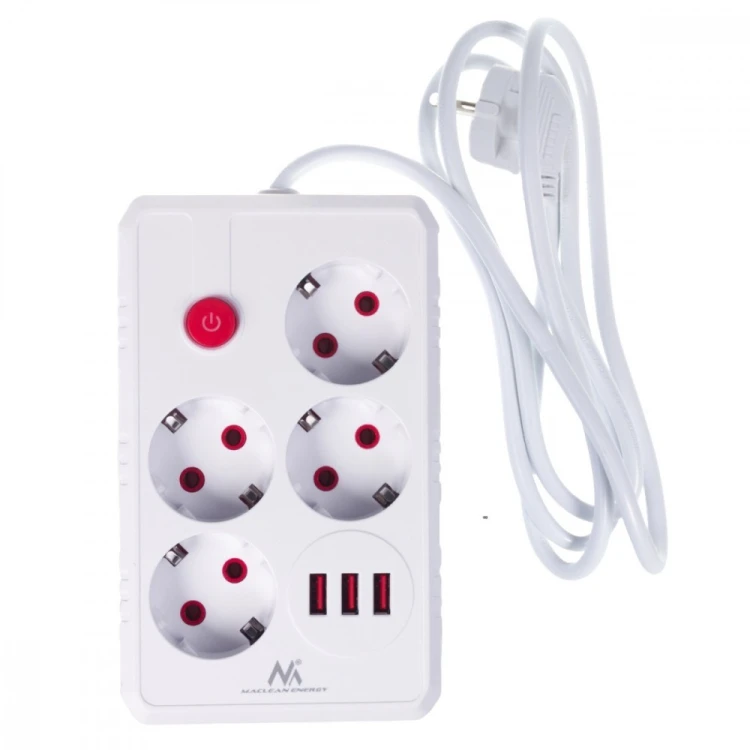 Maclean Listwa zasilająca MCE392 W 4 gniazda 3xUSB, 110-240V AC 50/60Hz, 2.1A max 2500W 1,5m biała