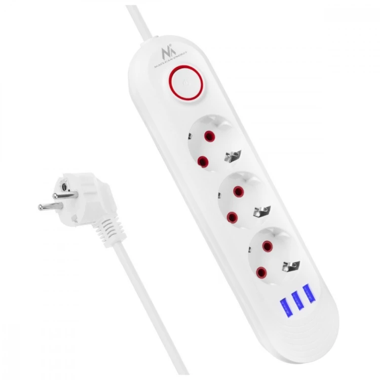 Maclean Listwa zasilająca MCE394 W 3 gniazda 3xUSB, 110-240V AC 50/60, 2.1A max 2500W, biała