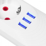 Maclean Listwa zasilająca MCE394 W 3 gniazda 3xUSB, 110-240V AC 50/60, 2.1A max 2500W, biała