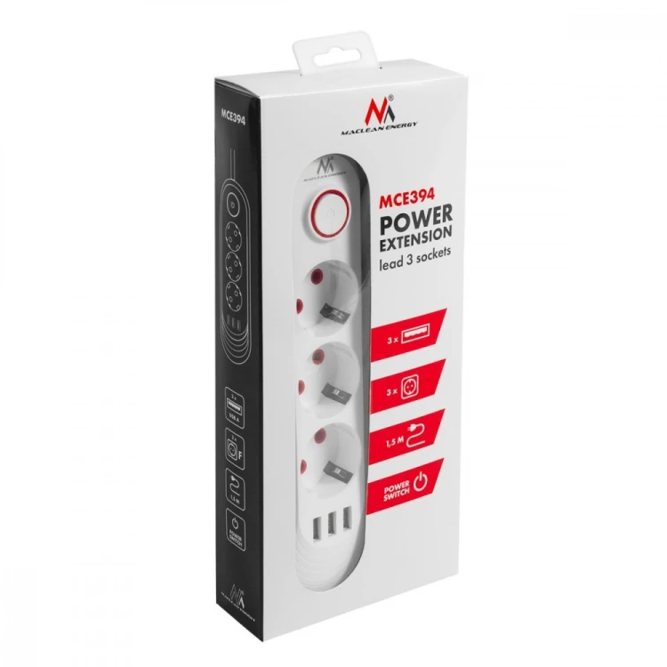 Maclean Listwa zasilająca MCE394 W 3 gniazda 3xUSB, 110-240V AC 50/60, 2.1A max 2500W, biała