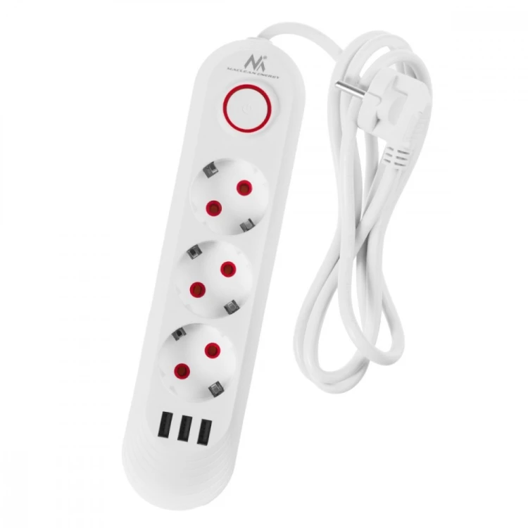 Maclean Listwa zasilająca MCE394 W 3 gniazda 3xUSB, 110-240V AC 50/60, 2.1A max 2500W, biała