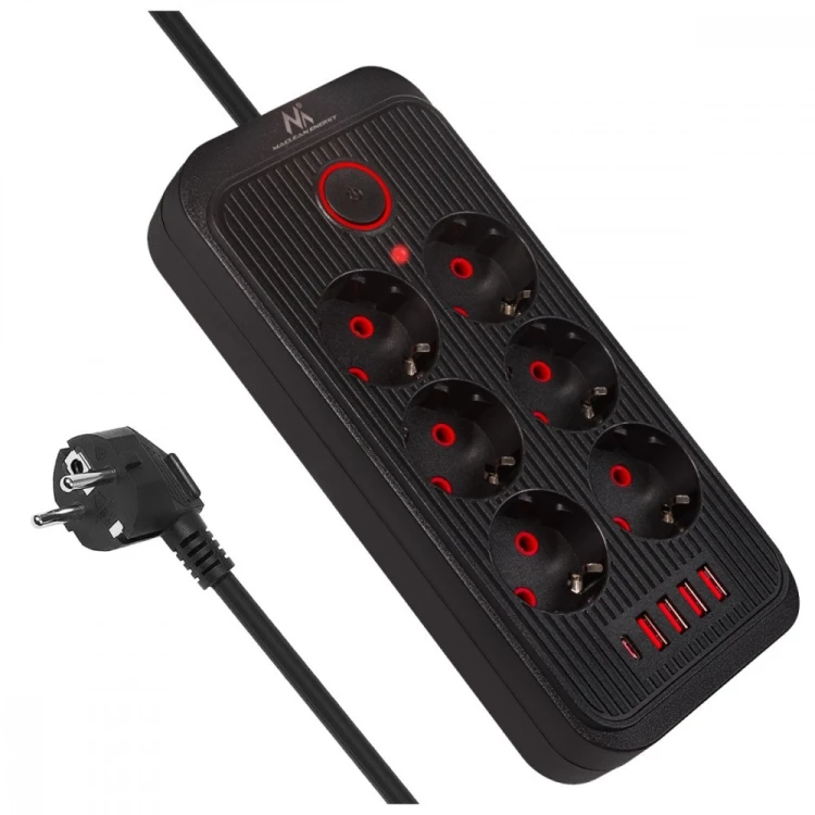 Maclean Listwa zasilająca MCE389 B 6 gniazd 4xUSB-A, 1xUSB-C 110-240V AC 50/60Hz, 2.1A max 2500W, czarna