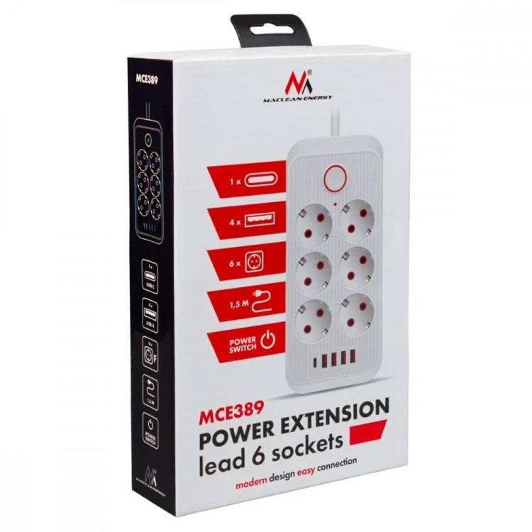 Maclean Listwa zasilająca MCE389 B 6 gniazd 4xUSB-A, 1xUSB-C 110-240V AC 50/60Hz, 2.1A max 2500W, czarna