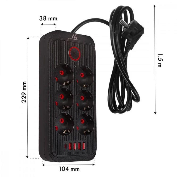 Maclean Listwa zasilająca MCE389 B 6 gniazd 4xUSB-A, 1xUSB-C 110-240V AC 50/60Hz, 2.1A max 2500W, czarna
