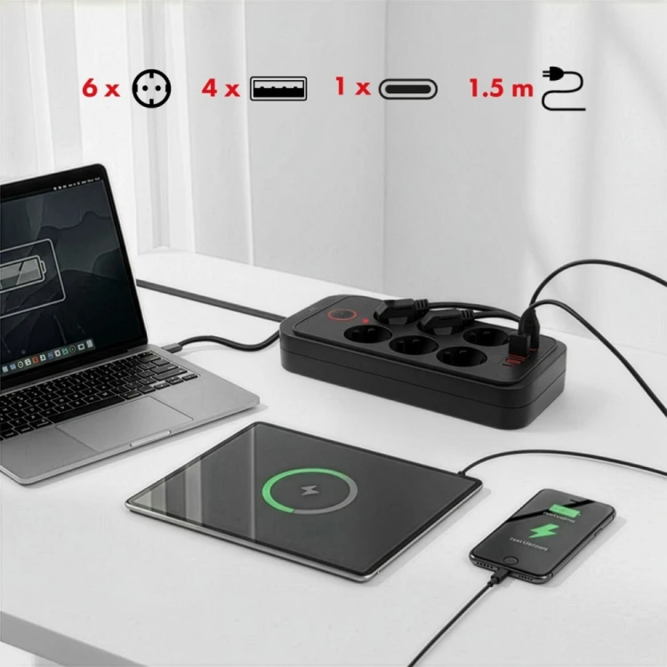 Maclean Listwa zasilająca MCE389 B 6 gniazd 4xUSB-A, 1xUSB-C 110-240V AC 50/60Hz, 2.1A max 2500W, czarna
