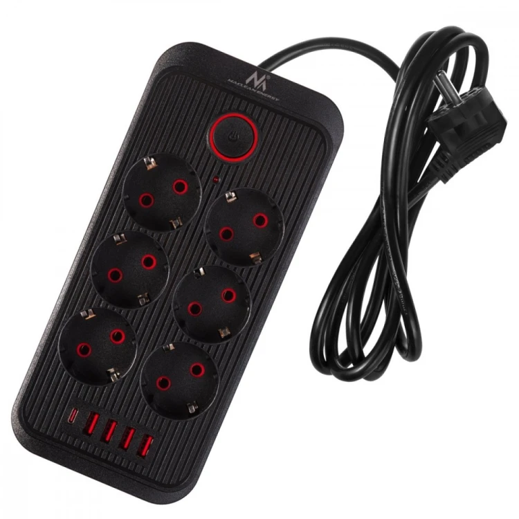 Maclean Listwa zasilająca MCE389 B 6 gniazd 4xUSB-A, 1xUSB-C 110-240V AC 50/60Hz, 2.1A max 2500W, czarna