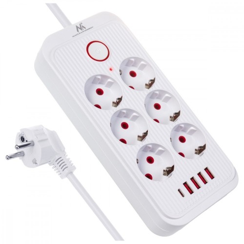 Maclean Listwa zasilająca MCE389 W 6 gniazd 4xUSB-A 1xUSB-C 110-240V, AC 50/60Hz, 2.1A max 2500W biała