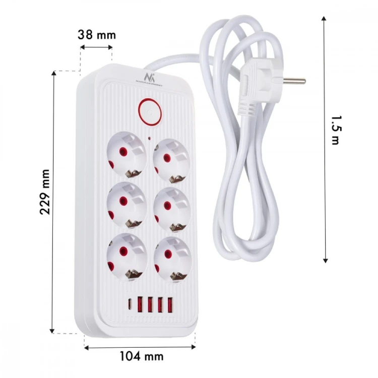 Maclean Listwa zasilająca MCE389 W 6 gniazd 4xUSB-A 1xUSB-C 110-240V, AC 50/60Hz, 2.1A max 2500W biała