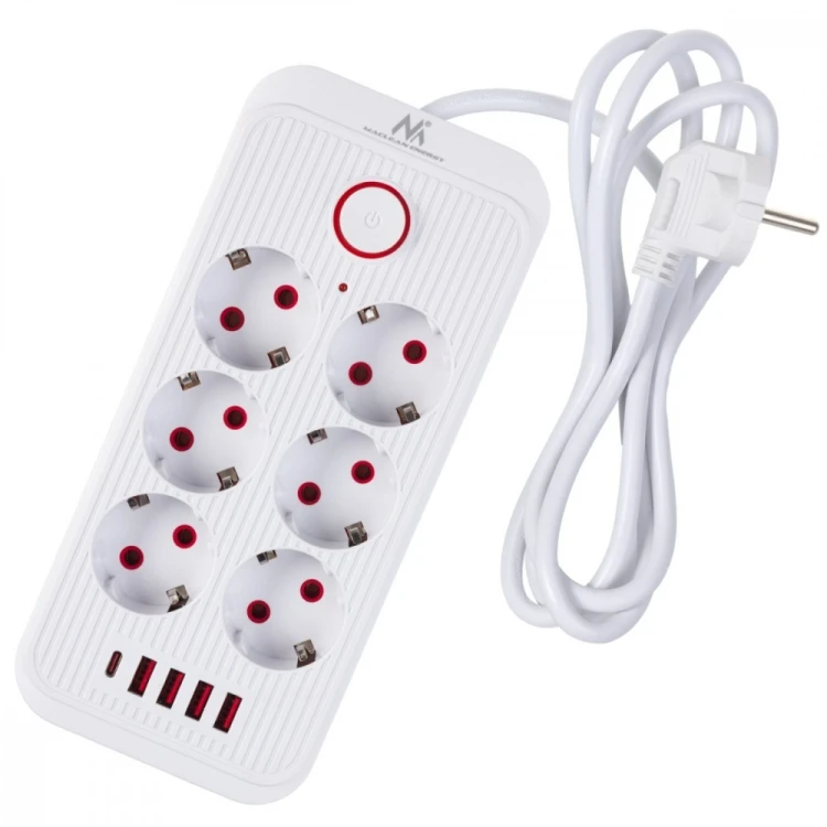 Maclean Listwa zasilająca MCE389 W 6 gniazd 4xUSB-A 1xUSB-C 110-240V, AC 50/60Hz, 2.1A max 2500W biała