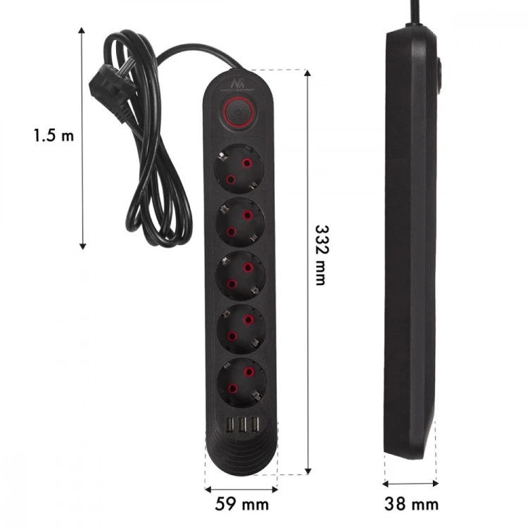 Maclean Listwa zasilająca MCE395 B 5 gniazd 3xUSB, 110-240V AC 50/60Hz, 2.1A max 2500W, czarna