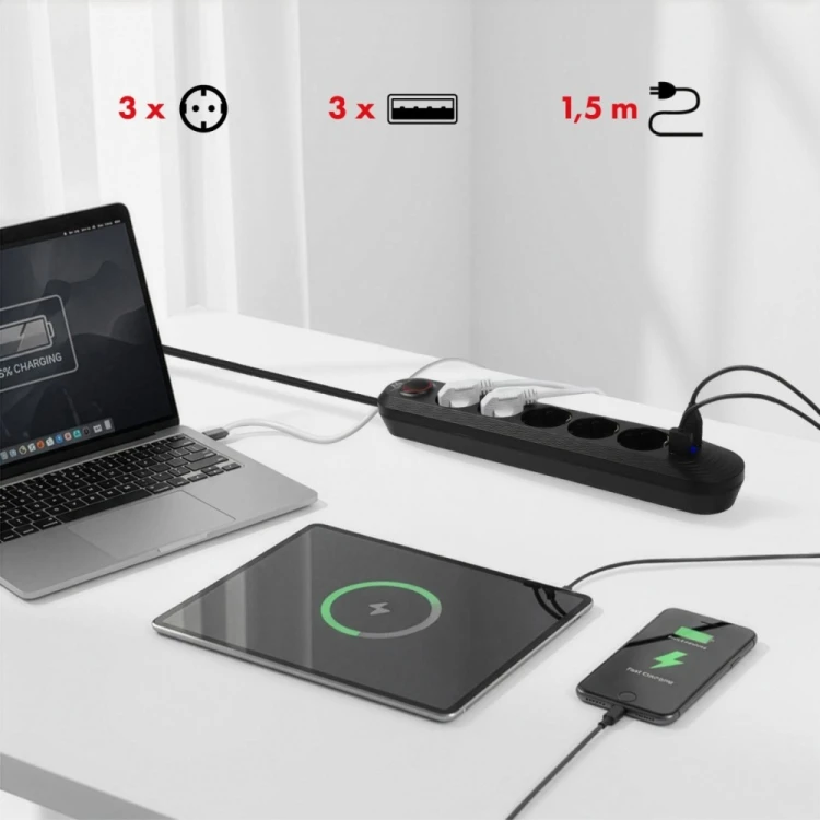 Maclean Listwa zasilająca MCE395 B 5 gniazd 3xUSB, 110-240V AC 50/60Hz, 2.1A max 2500W, czarna