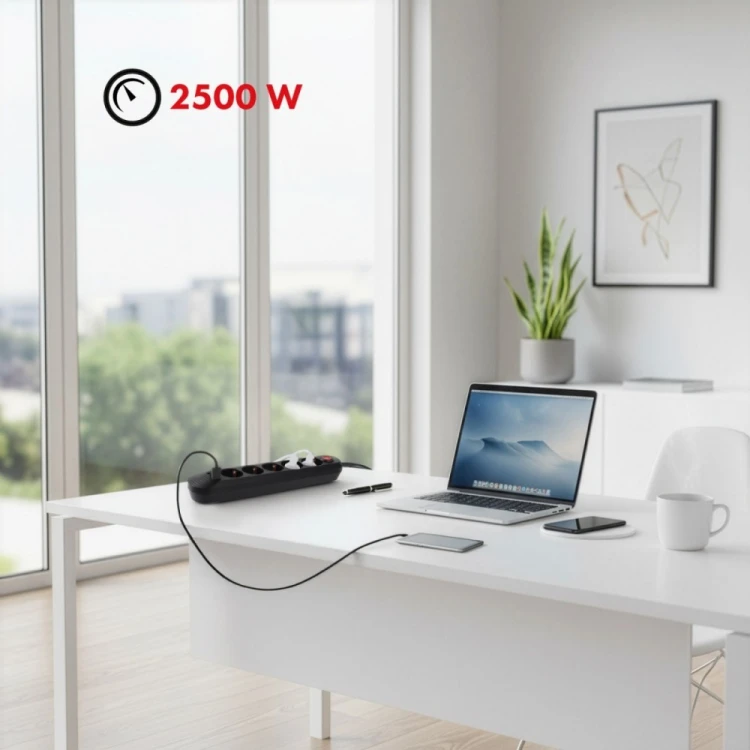 Maclean Listwa zasilająca MCE395 B 5 gniazd 3xUSB, 110-240V AC 50/60Hz, 2.1A max 2500W, czarna