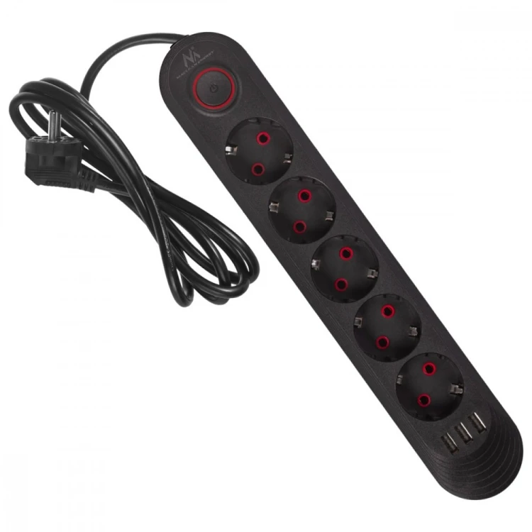 Maclean Listwa zasilająca MCE395 B 5 gniazd 3xUSB, 110-240V AC 50/60Hz, 2.1A max 2500W, czarna