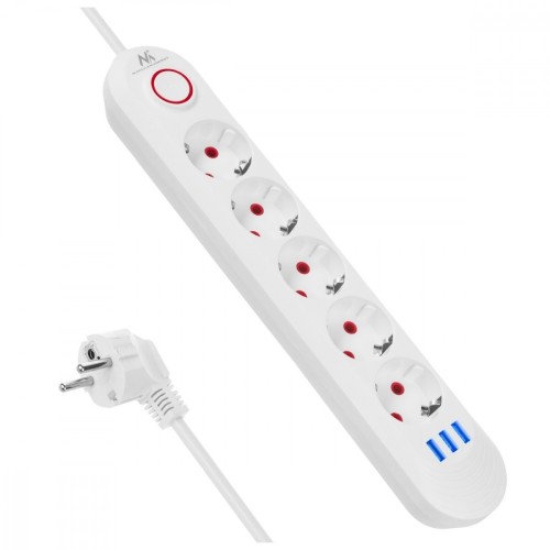 Maclean Listwa zasilająca 5 gniazd MCE395 W 3xUSB, 110-240v AC 50/60Hz, 2,1A max 2500W, biała