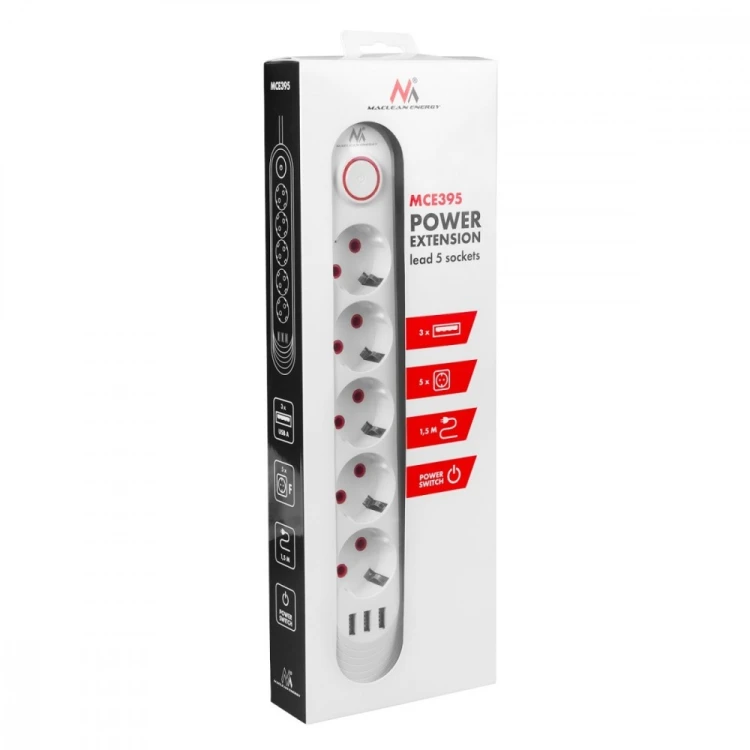 Maclean Listwa zasilająca 5 gniazd MCE395 W 3xUSB, 110-240v AC 50/60Hz, 2,1A max 2500W, biała
