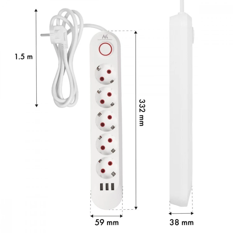 Maclean Listwa zasilająca 5 gniazd MCE395 W 3xUSB, 110-240v AC 50/60Hz, 2,1A max 2500W, biała