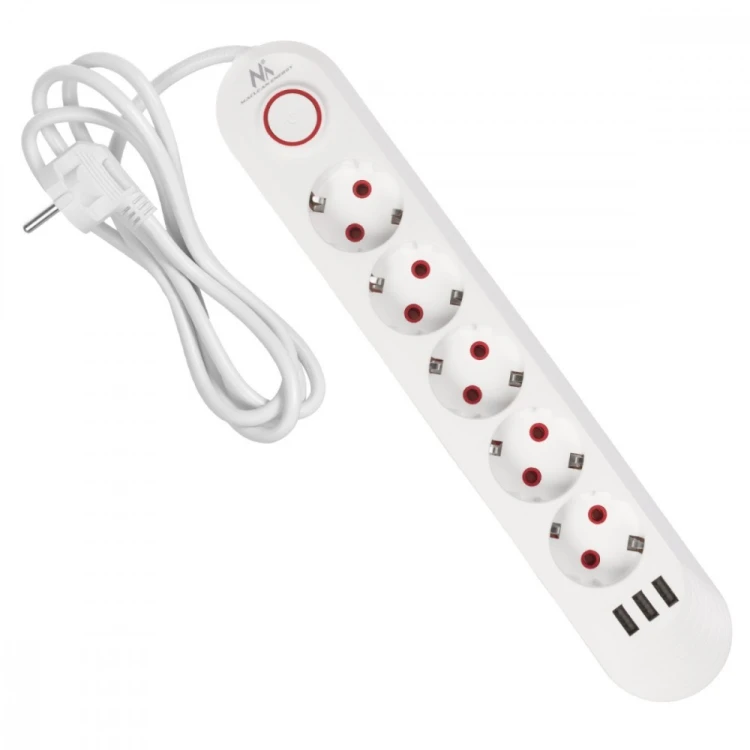 Maclean Listwa zasilająca 5 gniazd MCE395 W 3xUSB, 110-240v AC 50/60Hz, 2,1A max 2500W, biała