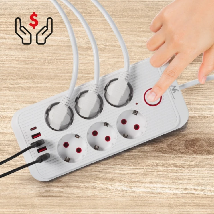 Maclean Listwa zasilająca MCE391 W 6 gniazd 4xUSB-A 1xUSB-C 110-240V AC 50/60Hz, 2.1A max 2500W, biała