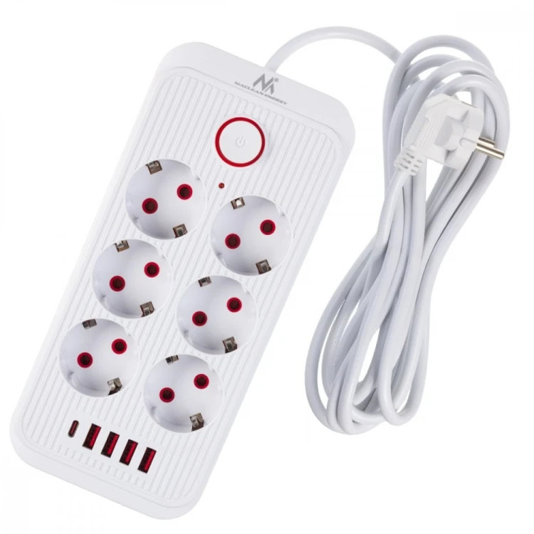 Maclean Listwa zasilająca MCE391 W 6 gniazd 4xUSB-A 1xUSB-C 110-240V AC 50/60Hz, 2.1A max 2500W, biała