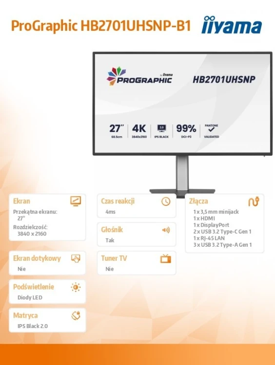 IIYAMA Monitor 27 cali ProGraphic HB2701UHSNP-B1 4K,IPS BLACK 2.0,450cd,VESA USB-c dock(PD:96W),HDMI,DP,DAISY/CHAIN,4xUSB,RJ45,3000:1,sRGB:100%,DCI-P3