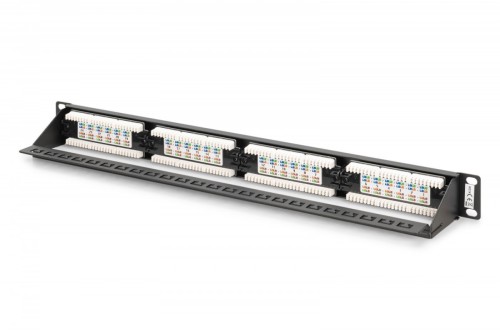 Digitus Panel krosowy (patch panel) 19'' 24x RJ45, LSA pion, kat.6, nieekranowany, 1U, prowadnica kabli, pola opisowe, Czarny