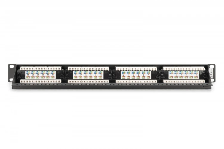 Digitus Panel krosowy (patch panel) 19'' 24x RJ45, LSA pion, kat.6, nieekranowany, 1U, prowadnica kabli, pola opisowe, Czarny