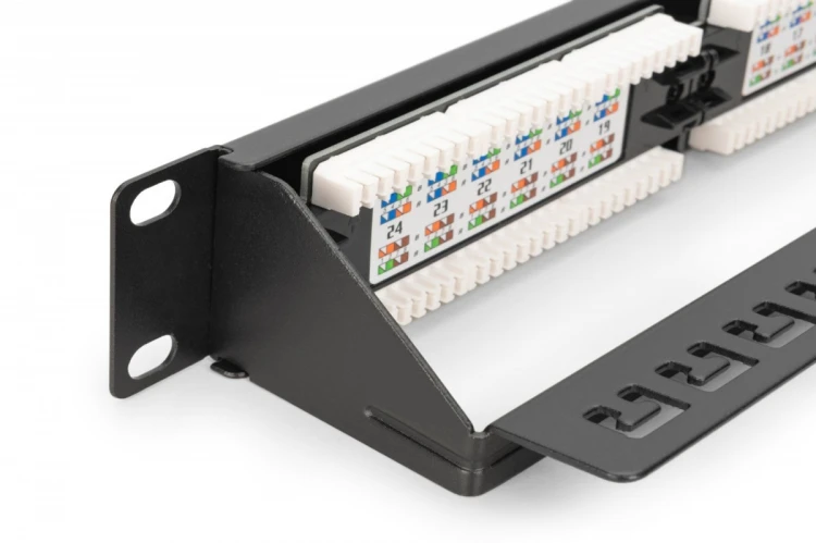 Digitus Panel krosowy (patch panel) 19'' 24x RJ45, LSA pion, kat.6, nieekranowany, 1U, prowadnica kabli, pola opisowe, Czarny