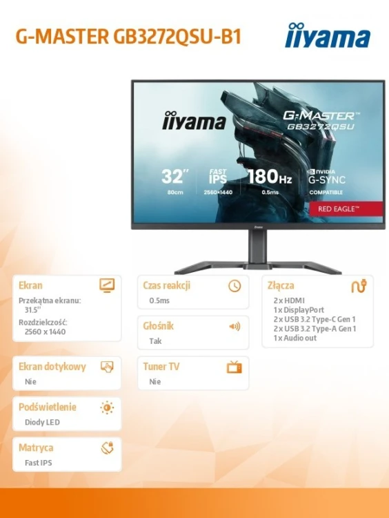 IIYAMA Monitor 31.5 cala GB3272QSU-B1 QHD,IPS,180Hz,2xHDMI,DP,400CD,          2xUSB 3.2 , 2xUSB-C,G-SYNC Compatible, 2x5W, , HAS 150