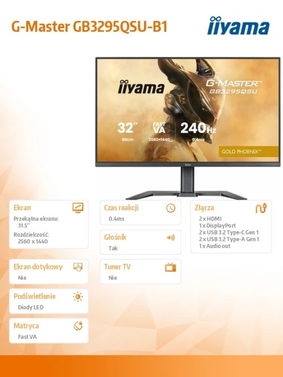 IIYAMA Monitor G-Master 31.5 cala GB3295QSU-B1 QHD,FastVA,240Hz,2xHDMI,DP,400cd,0,4ms, 2xUSB 3.2 , 2xUSB-C, HAS 150, FreeSync Premium - HDMI: 2560 x 1