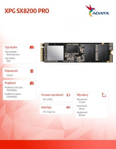 Adata Dysk XPG SX8200 PRO 512GB PCIe 3.5/2.3 GB/s M.2