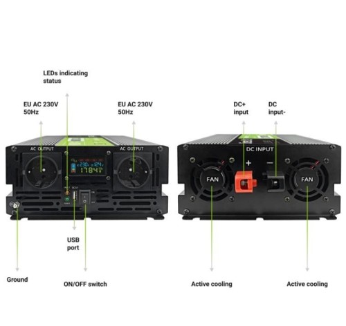 Green Cell Przetwornica LCD 12V 2000W/4000W Czysty sinus z wywietlaczem