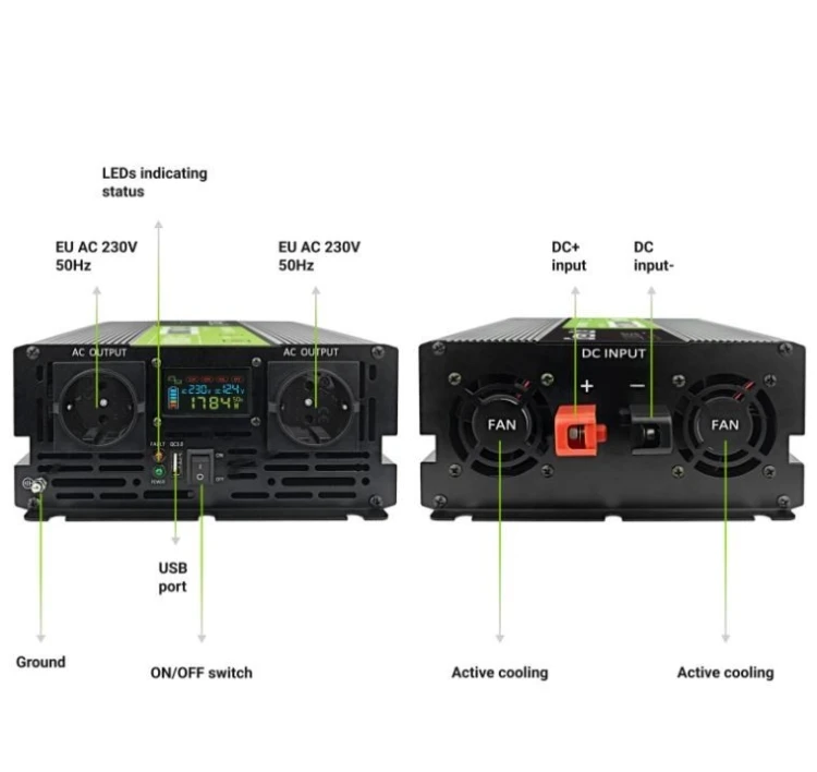 Green Cell Przetwornica LCD 12V 2000W/4000W Czysty sinus z wywietlaczem