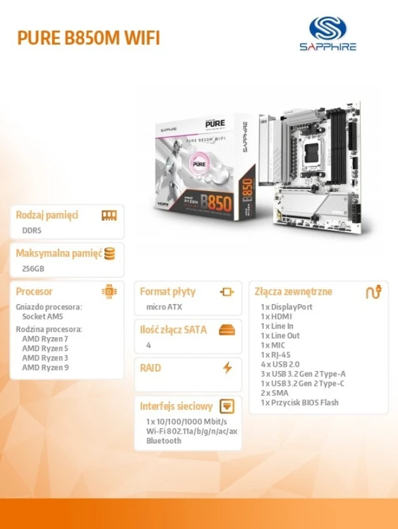 Sapphire Technology Płyta główna PURE B850M WIFI AM5 4DDR5 mATX