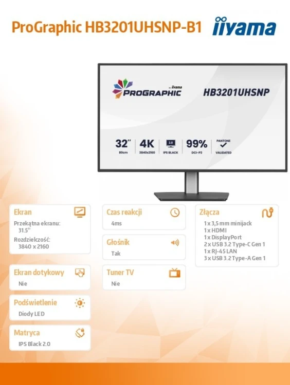 IIYAMA Monitor 31.5 cala ProGraphic HB3201UHSNP-B1 4K,IPS BLACK 2.0,450cd,VESA USB-c dock(PD:96W),HDMI,DP,DAISY/CHAIN,4xUSB,RJ45,3000:1,sRGB:100%,DCI-