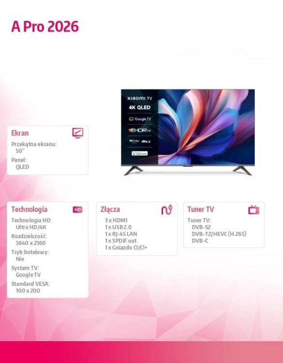 XIAOMI Telewizor TV A Pro 2026 50 cali