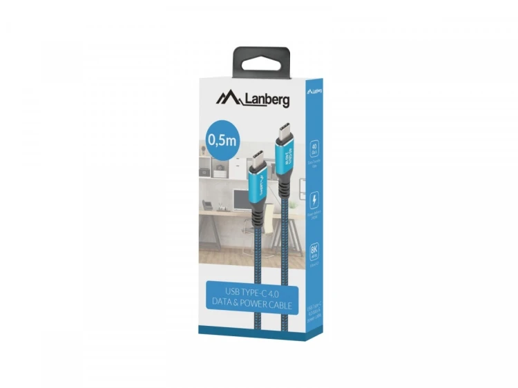 Lanberg Kabel USB-C M/M USB4 0,5m 240W 8K 60HZ czarno-niebieski