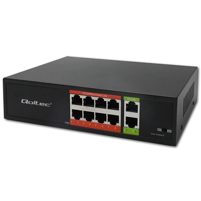 Qoltec Przełącznik sieciowy SWITCH FAST Ethernet PoE | 8x RJ45 |  2x RJ45 Uplink | 120W | 10/100 Mb/s