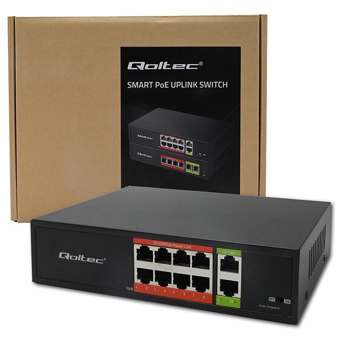 Qoltec Przełącznik sieciowy SWITCH FAST Ethernet PoE | 8x RJ45 |  2x RJ45 Uplink | 120W | 10/100 Mb/s