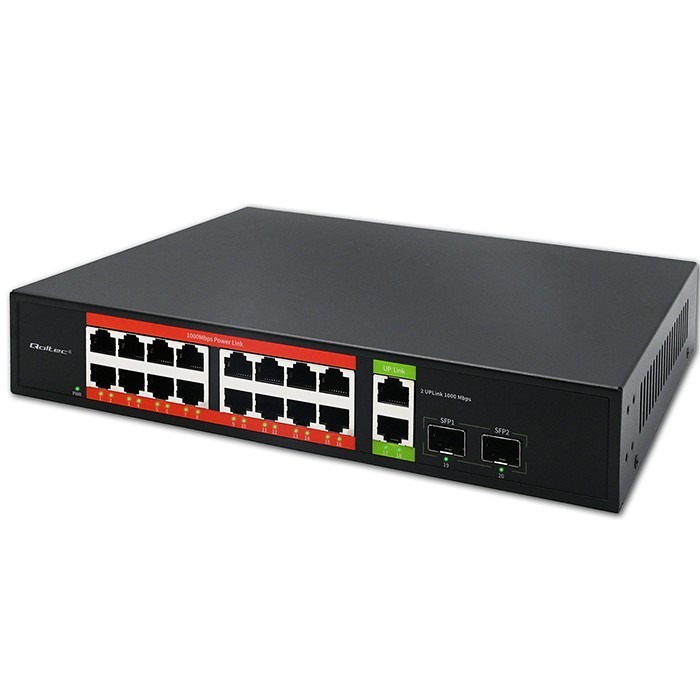 Qoltec Przełącznik sieciowy SWITCH Gigabit Ethernet PoE | 16x RJ45 | 2x RJ45 Uplink | 2x SFP | 1000 Mb/s