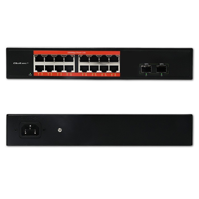 Qoltec Przełącznik sieciowy SWITCH Gigabit Ethernet PoE | 16x RJ45 | 2x SFP | 1000 Mb/s