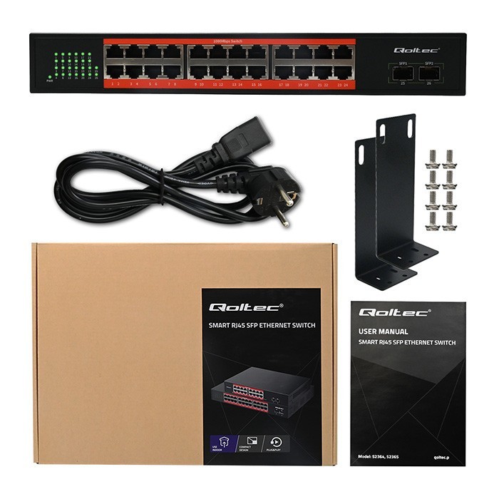 Qoltec Przełącznik sieciowy SWITCH Gigabit Ethernet PoE | 24x RJ45 | 2x SFP | 1000 Mb/s